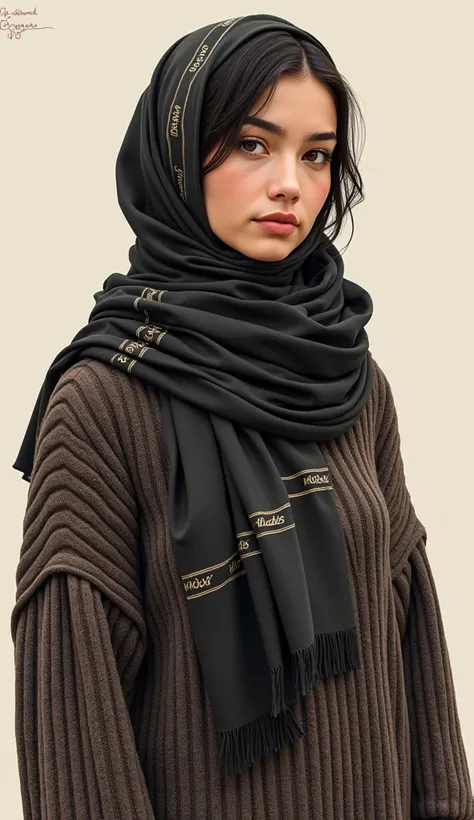 hyper realist), (illustration), (high resolution), (8k), (extremely detaild), (best illustration), mic , Kale, Kaledes, hijab pashmina, preto sweater