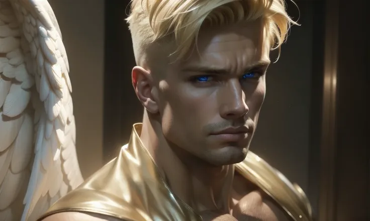 [((highly detailed, detailed eyes, detailed face, clear and realistic facial features, photorealistic, realistic light, cinematic)), (1 man), (((((Gorgeous perfect sexy powerful masculine male angel))))), ((powerful pose)), ((((short blond hair, eyes with ...