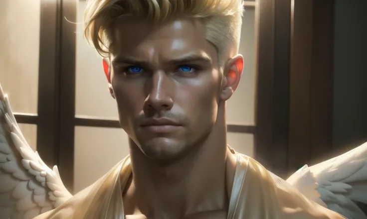 [((highly detailed, detailed eyes, detailed face, clear and realistic facial features, photorealistic, realistic light, cinematic)), (1 man), (((((Gorgeous perfect sexy powerful masculine male angel))))), ((powerful pose)), ((((short blond hair, eyes with ...