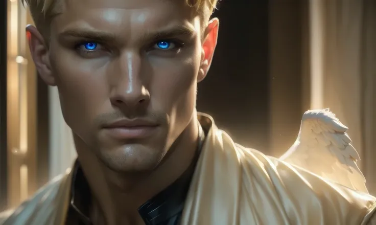 [((highly detailed, detailed eyes, detailed face, clear and realistic facial features, photorealistic, realistic light, cinematic)), (1 man), (((((Gorgeous perfect sexy powerful masculine male angel))))), ((powerful pose)), ((((short blond hair, eyes with ...