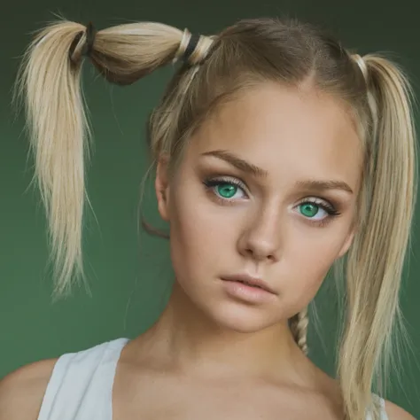 young girl, psychopath, sexy, blonde with pigtails green eyes, serious face, smeared and poorly applied makeup.