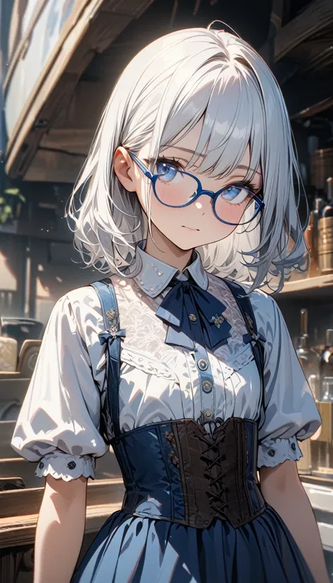 young girl, long white hair, blue eyes, glasses, blue French dress, corset, flat chest, Masterpiece, best quality, Full HD, 8k, ultra details, great graphic