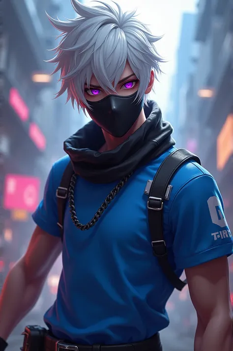 Free fire style male character, White hair, purples eyes, black mask, blue team shirt