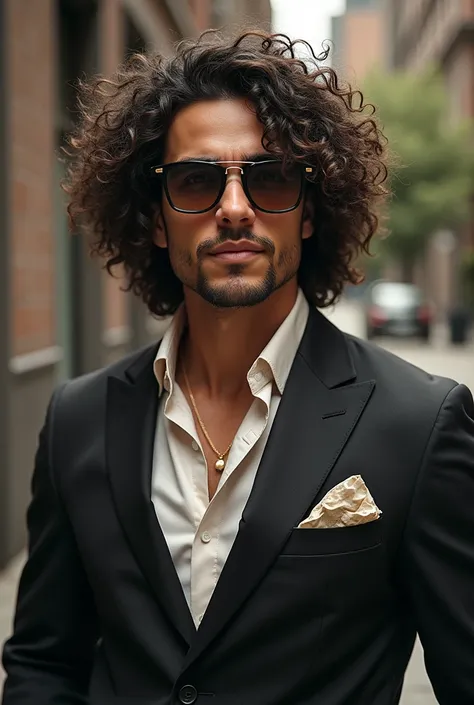 Create a person with this description 
_ curly hair/medium long
_ large eyes 
_ barba
_ Big eyebrows 
_ Average ears 
_ full lips 
_ athletic body/strong 
_ Old money clothing style
_ Sunglasses
_ watch in hand
_ height 1.85
