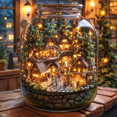 「In a glass bottle、Cobblestone path and trees々Miniature landscape with a small wooden house and a yellow minibus surrounded by trees。On the outside of the jar、People in a cafe-like place々sits idly in the background。Overall warm、Soft lighting is used、There ...