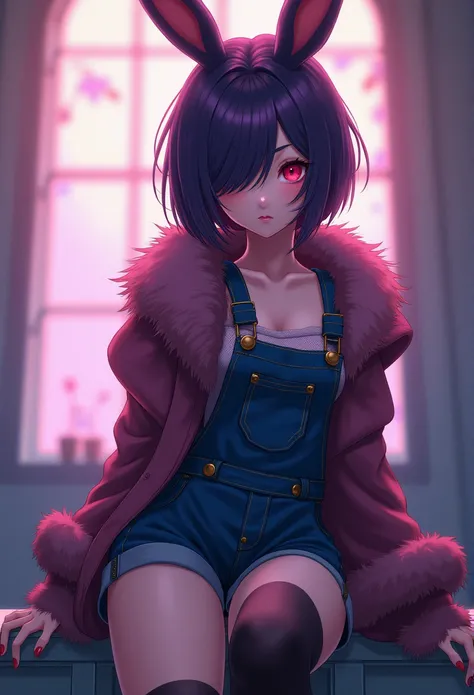 Furry female, anthropomorphic rabbit girl, purple fur, dark purple hair, hair over one eye, bob cut, overalls shorts, red eyes, eyeshadow, thigh highs, tall, thick thighs, wide hips, anime style,