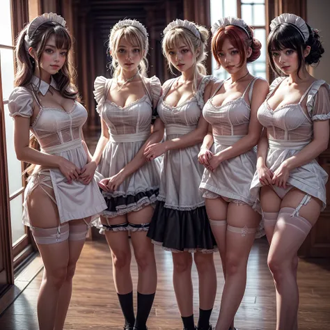 (Full Body of Extremely Detailed((Kawaii Maid Group in a row:1.37))), Childish perfect face, Reflective Eyes, Detailed(Delicate Clothing textures), Correct Leg Line, Dynamic Joyful Expressions LifeLike Rendering, Specular Reflection, TopQuality 8K Ultra-de...