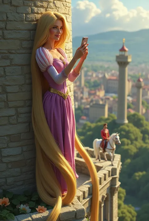 "Create a Rapunzel image, a blonde woman with very long, loose hair, who is taking a selfie from the top of a tower. She holds her cell phone with a radiant smile, and her long hair cascades down the side of the tower. At the bottom of the image, a prince ...