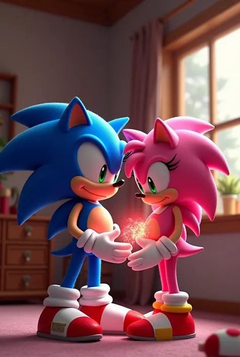 Sonic the hedgehog fucks Amy Rose in the them house, Sonic cumming a lot of sperm inside Amy, and her stomach grows from sperm, and in a small window it shows that inside her uterus the sperm has reached the egg