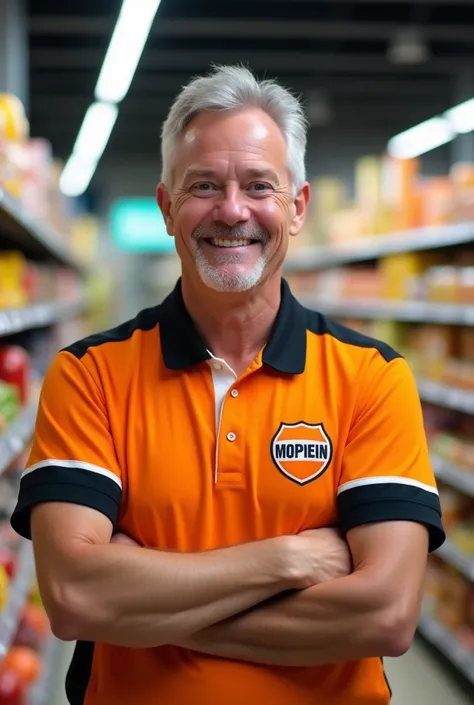 a man wearing an orange, black and white polo shirt wearing a supermarket uniform with a blurred background