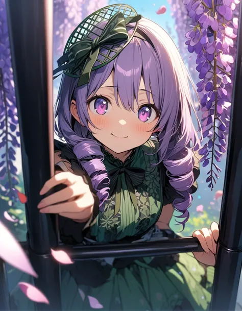 1 girl,solo,16yo,(Rotating on bars),amazing quality, aesthetic, aesthetic,ultra-detailed face,detailed eyes,round eyes, tareme,pink eyes,BREAK,Green fascinator,Purple wisteria pattern Green Lolita fashion,BREAK,Purple Hair,drill hair,depth of field,wisteri...