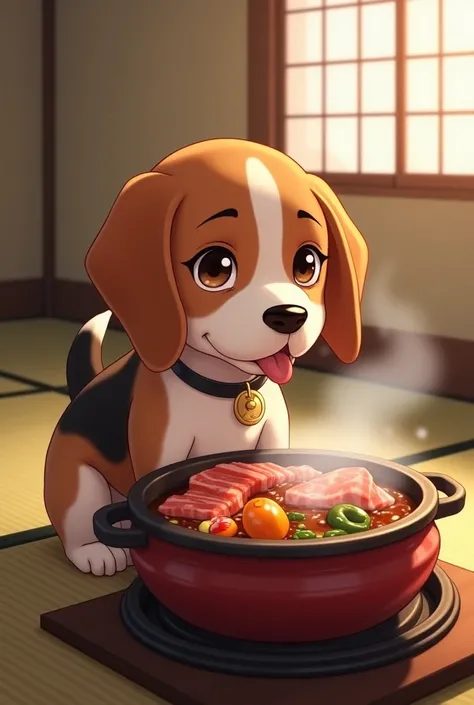 Beagle dog、eating sukiyaki。