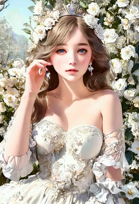 (fantasy) beautiful queen_delicate facial features, white dress, tiara, lovely princess, gouache style art, 5d cg fantasy 작품, 8k...