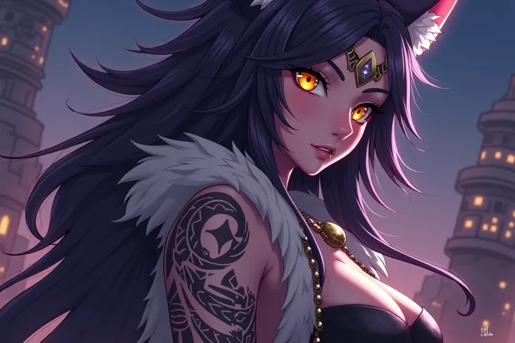 Anthropomorphic wolf girl, dark purple fur, yellow eyes, tribal tattoos, in desert city, at night, highly detailed, 24k