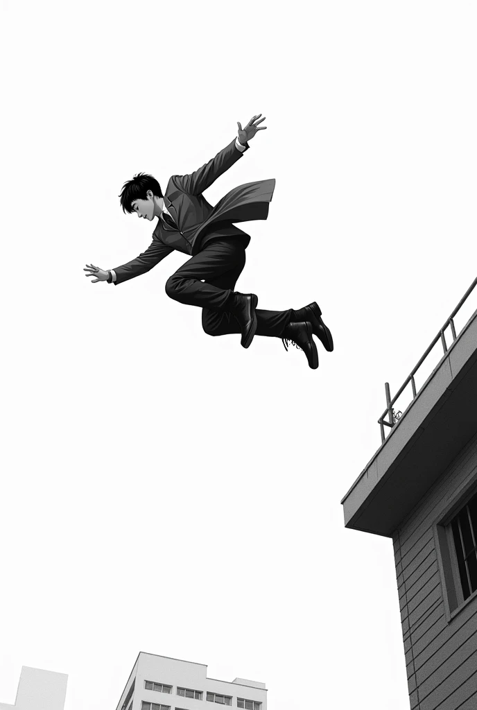 Korean male student in uniform jumping from the roof of a building black and white drawing 
