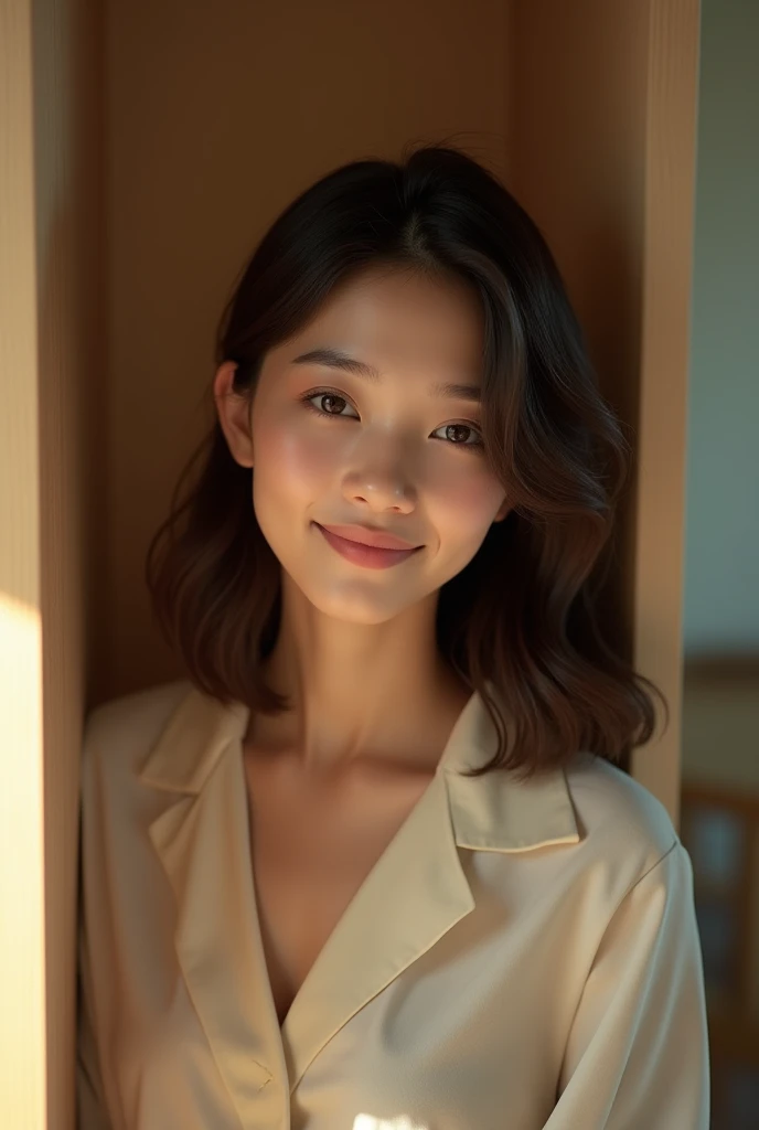 Highest quality, Face Focus, (Depth of written boundary) ,Ultra-high resolution, (Realistic:1.4), RAW Photos, Hotel, alcove, 1 Japan, alone, cute, smile, (Brown eyes), Natural Face, (Midi Hair),