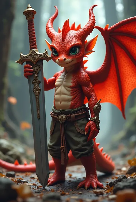 A red halphdragon boy with a sword bigger than him