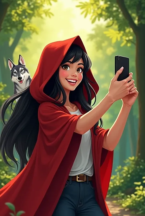 "Create a Little Red Riding Hood image, A white woman with black hair, wearing a red hood characteristic of the story. She is holding a cell phone to take a selfie, with a cheerful smile. The background is a bright green forest, with sunlight shining throu...