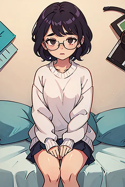 one with short wavy hair and a pastel colored sweater, with sample legs, a slightly sleepy look and glasses falling slightly from her face as she stares at the viewer