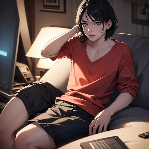 a feminine man sitting in front of a computer, wearing a shirt and shorts, detailed face and expression, cinematic lighting, digital art, photorealistic, highly detailed, 8k, (best quality,4k,8k,highres,masterpiece:1.2),ultra-detailed,(realistic,photoreali...