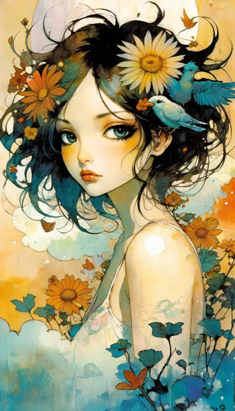 masterpiece, illustration, anime, 1girl, sexy, floral, cloud, bird, flow, hair over eyes, hair over one eye, (((ultra detailed))), softcore, kawaii, art inspired by Bill Sienkiewicz and Dave Mckean
