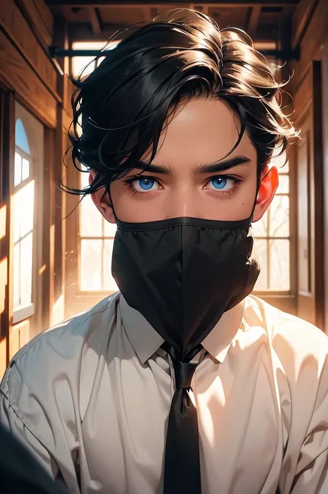 a man with short black hair, wearing a schoolboy outfit, has a wizard-like appearance with an animal tattoo, has blue eyes and a grumpy look, in a medieval-style classroom, at a magic school, beautiful eyes, delicate features, soft colors, serene atmospher...