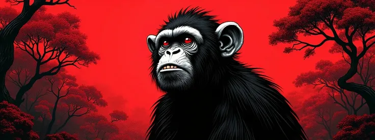 monkey in manga style, with psychedelic background image colored only in black and red