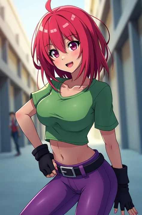 Create a tomboy girl. She is a read head, have pink eyes and eye shadow. She uses a green top and purple skating pants. she uses black gloves, and she looks really cool. Anime style