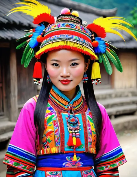 A beautiful Miao girl, wearing colorful bird clothing with vibrant colors