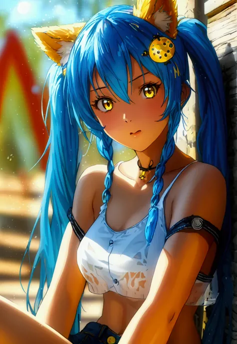 (masterpiece), best quality, expressive eyes, perfect face, 1girl, solo, long hair, blue hair, twin braids, hair ornament, yello...