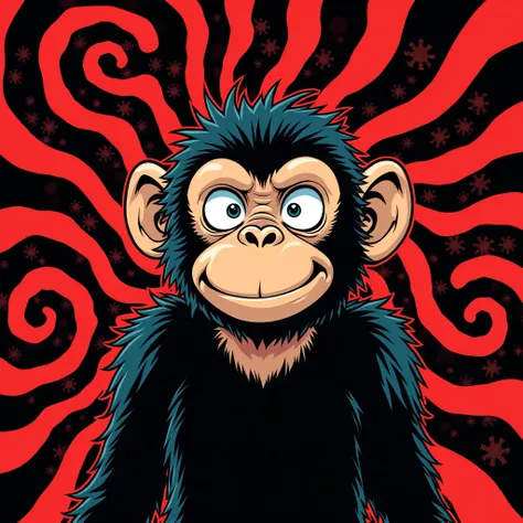 monkey in manga style, with psychedelic background image colored only in black and red, as a banner, centralized