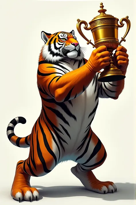 Strong tiger holding a football cup