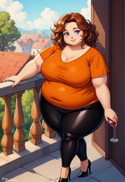 masterpiece, best quality, 1girl, portrait, 44 year old woman, shoulder-length brown hair with some curly, blue eyes, medium breasts, round face, fat face, fat, chubby, round belly, plump body, thick thighs, cleavage, ((Wearing: Orange V-neck shirt, Black ...