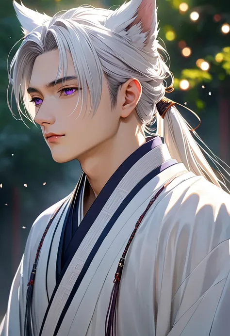 1 men with wolf-like ears, long white hair tied up with a delicate Appearance Asian-style hair Far away Tied 21 years old, pale skin, captivating purple eyes, soft youthful expression mature Wearing white traditional Chinese mens clothing hanfu, central co...