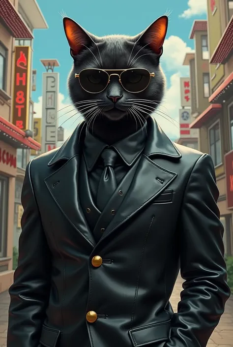 A painting of a cat in a black leather suit  in sunglasses, popular at the art station, in a black leather suit, detailed surreal rendering, United Kingdom gang members, street style, intimidating poses, cat planet, stylish clothes, urban samurai, Mewtwo, ...