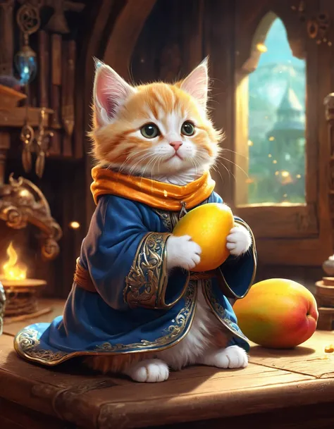 There is a kitten sitting inside a wizard who has been bitten, adorable digital painting, cute detailed digital art, cute digital art, high quality wallpaper, amazing wallpaper, the material is mango!!!, high quality 8k wallpaper, high quality desktop wall...