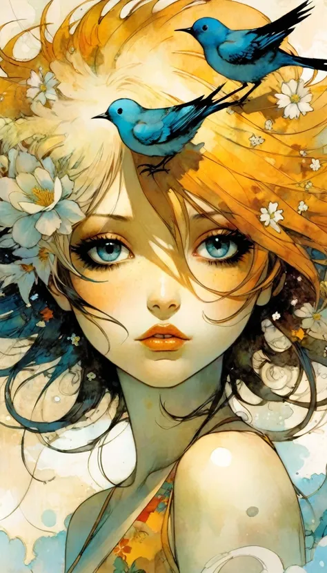 masterpiece, illustration, anime, 1girl, sexy, floral, cloud, bird, flow, hair over eyes, hair over one eye, (((ultra detailed))), softcore, kawaii, art inspired by Bill Sienkiewicz and Dave Mckean
