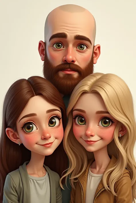 A family, A white man, Cao Cao, almost bald, brown beard, greeneyes, next to a white woman de greeneyes com o cabelo castanho-acobreado, straight and without bangs parted in the middle, next to a white woman, greeneyes, curly and blonde hair, illustration ...