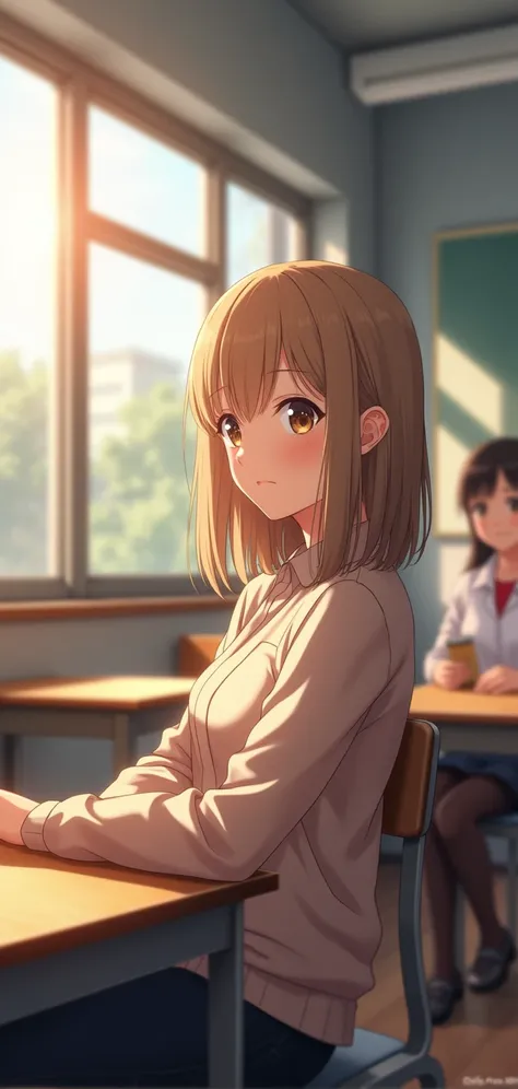 a young adult, in profile with straight light brown hair, smiling looking forward, light eye, sitting down on chair, chair in front of him empty, fund: school classroom with students and teacher. Estilo アニメ, realisitic, sunlit, アニメ realisitic, desenho real...