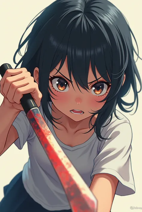 Young anime girl pointing a knife at a confused young boy 