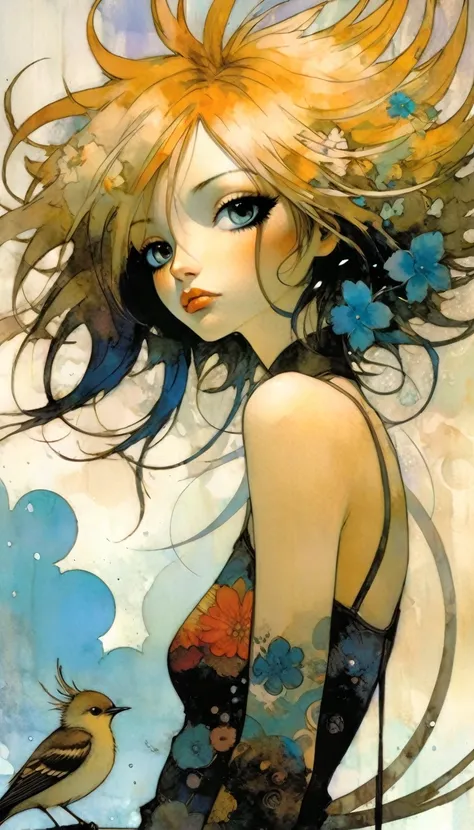 masterpiece, illustration, anime, 1girl, sexy, floral, cloud, bird, flow, hair over eyes, hair over one eye, (((ultra detailed))), softcore, kawaii, art inspired by Bill Sienkiewicz and Dave Mckean
