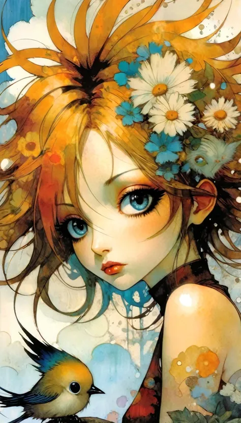 masterpiece, illustration, anime, 1girl, sexy, floral, cloud, bird, flow, hair over eyes, hair over one eye, (((ultra detailed))), softcore, kawaii, art inspired by Bill Sienkiewicz and Dave Mckean
