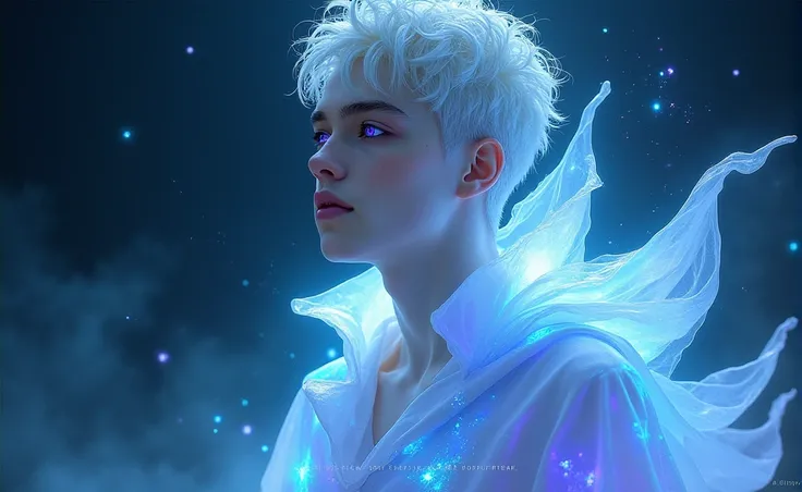 This image portrays an enchanting man character with a striking, ethereal appearance. The character has pale, almost porcelain-like skin and short, white hair that is slightly tousled. Their eyes are vibrant, with a shimmering quality that reflects a spect...