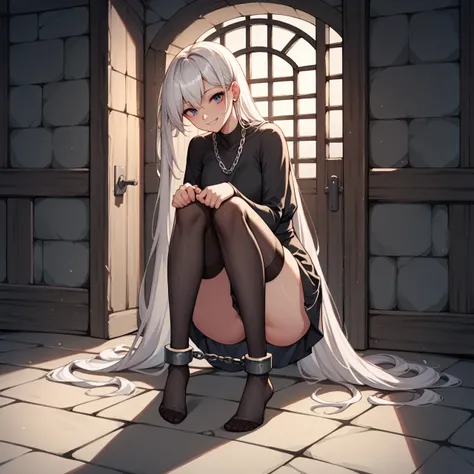 check_9, check_8_up, check_7_up, check_6_up, check_5_up, check_4_up, source_anime, 1 woman, get down on your knees, White hair, straight hair, Very long hair, smile, WW chain, shackles, Came down with a weapon, doors, clean hair, black shirt, Short, thigh ...