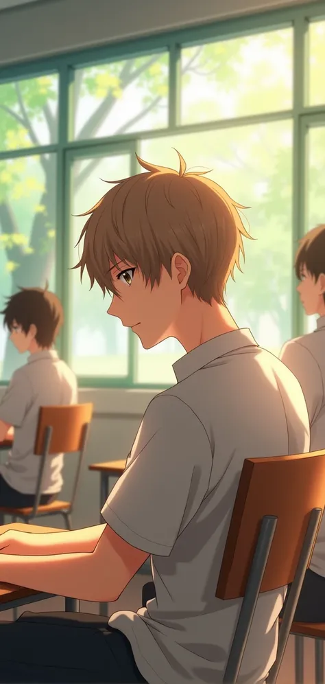 A young adult MAN BOY in profile with straight light brown hair, smiling looking forward, light eye, sitting down on chair, chair in front of him empty, fund: school classroom with students and teacher. Estilo アニメ, realisitic, sunlit, アニメ realisitic, desen...