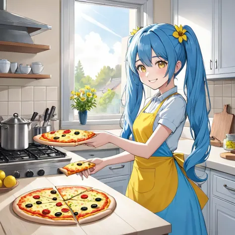 Light blue long hair、Beautiful girl with twin tails、She is making a big pizza in a yellow apron.、Bright smile、Bright, sunny kitchen、There are lots of margaret flowers on the windowsill.、