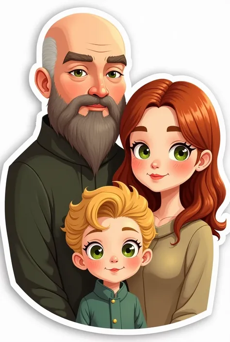 A family, A white man, Cao Cao, almost bald, brown beard, greeneyes, next to a white woman de greeneyes com o cabelo castanho-acobreado, straight and without bangs parted in the middle, next to a white woman, greeneyes, curly and blonde hair, illustration ...