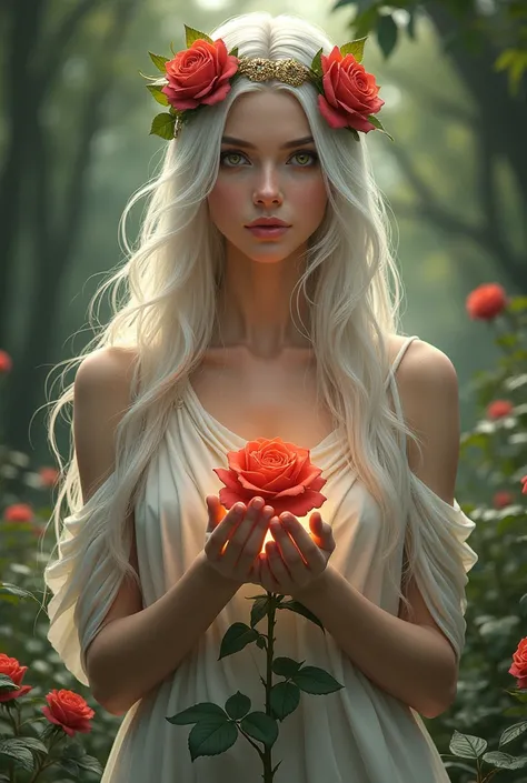 A woman with long white hair, two color eyes (green and brown), she wears a greek goddess style outfit, wears a crown of roses. She has powers and is creating a rose from the ground. Shes ols