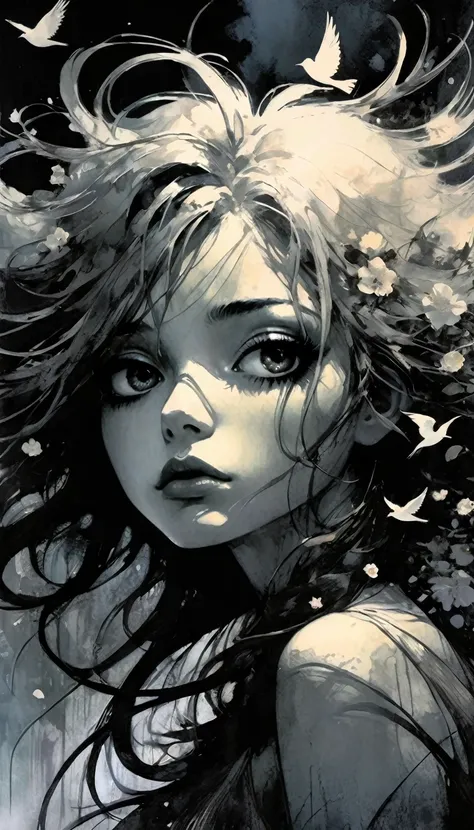 masterpiece, illustration, anime, 1girl, sexy, floral, cloud, bird, flow, hair over eyes, hair over one eye, (((ultra detailed))), softcore, kawaii, eroticism, sexy, black and white image, between shadows, oil painting, chiaroscuro, sensual, dramatic light...