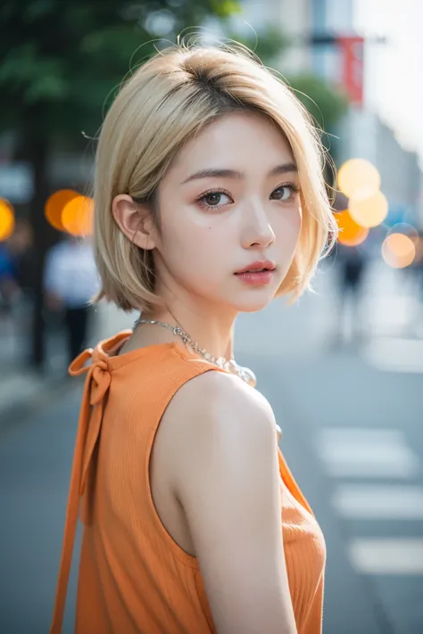 Curly Bob Hairstyle, Platinum blonde haired woman in orange collared shirt posing for photo in the city, 8K Artgerm bokeh, Well-proportioned body, 美丽的Korean woman, Gorgeous necklace, 美丽的年轻Korean woman, Soft portrait shots 8 k, Korean Girl, Narrow eyes, Bea...